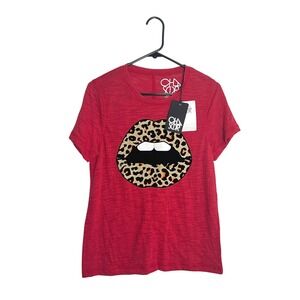 Chaser‎ Cardinal Red Leopard Cheetah Print Velvet Lips Rock and Roll T Shirt Top